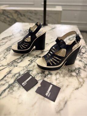 Jil Sander Navy Leather Platform Heeled Sandals Size 38